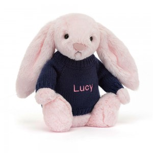 Jellycat Bashful Bunny with Personalised Navy Jumper 31cm x 12cm x 9cm Discover Rosa | Deutschland 570-IVSTXE