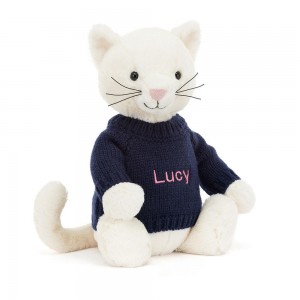 Jellycat Bashful Cream Kitten with Personalised Navy Jumper 31cm x 12cm x 9cm Discover Weiß | Deutschland 201-YCDURO