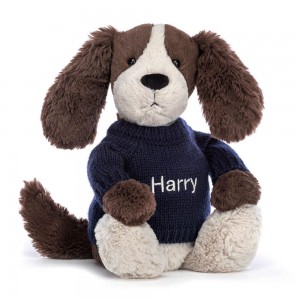 Jellycat Bashful Fudge Puppy with Personalised Navy Jumper 31cm x 12cm x 9cm Discover Braun | Deutschland 356-VBYHFM