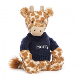 Jellycat Bashful Giraffe with Personalised Navy Jumper 31cm x 12cm x 9cm Discover Orange | Deutschland 147-GMBSLA