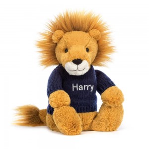 Jellycat Bashful Lion with Personalised Navy Jumper 31cm x 12cm x 9cm Discover Gelb | Deutschland 803-IFNJLG