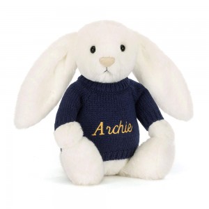 Jellycat Bashful Luxe Bunny Luna with Personalised Navy Jumper 31cm x 12cm x 9cm Discover Weiß | Deutschland 534-AQEUOI