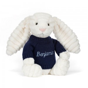 Jellycat Bashful Luxe Bunny Nimbus with Personalised Navy Jumper 31cm x 12cm x 9cm Discover Weiß | Deutschland 623-YEWQMK