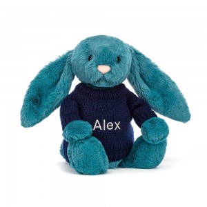 Jellycat Bashful Mineral Bunny with Personalised Navy Jumper 31cm x 12cm x 9cm Discover Blau | Deutschland 093-DHRZAW