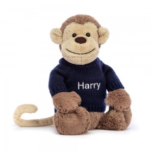 Jellycat Bashful Monkey with Personalised Navy Jumper 31cm x 12cm x 9cm Discover Braun | Deutschland 194-UOACGX