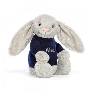 Jellycat Bashful Shimmer Bunny with Personalised Navy Jumper 31cm x 12cm x 9cm Discover Grau | Deutschland 075-LDJFXU
