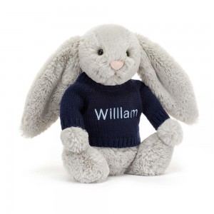 Jellycat Bashful Silver Bunny with Personalised Navy Jumper 31cm x 12cm x 9cm Baby & Books Grau | Deutschland 019-EIFBRW
