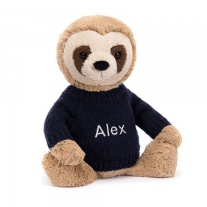 Jellycat Bashful Sloth with Personalised Navy Jumper 28cm x 10cm x 7cm Discover Beige | Deutschland 637-EBNMGU