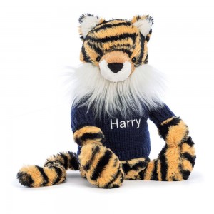 Jellycat Bashful Tiger with Personalised Navy Jumper 31cm x 12cm x 9cm Discover Gelb | Deutschland 803-AJYVKT