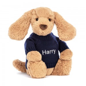 Jellycat Bashful Toffee Puppy with Personalised Navy Jumper 31cm x 12cm x 9cm Discover Braun | Deutschland 936-VEWRJH