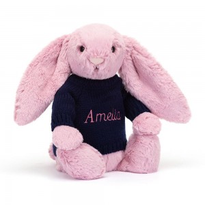 Jellycat Bashful Tulip Bunny with Personalised Navy Jumper 31cm x 12cm x 9cm Discover Rosa | Deutschland 529-YJEGUQ