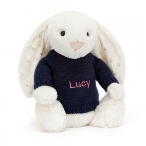 Jellycat Bashful Twinkle Bunny with Personalised Navy Jumper 31cm x 12cm x 9cm Discover Weiß | Deutschland 075-ZVYJHL