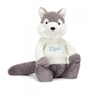Jellycat Bashful Wolf with Personalised Cream Jumper 31cm x 12cm x 9cm Discover Grau | Deutschland 817-UCMRYI