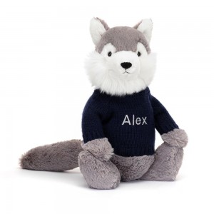 Jellycat Bashful Wolf with Personalised Navy Jumper 31cm x 12cm x 9cm Discover Grau | Deutschland 806-ERLIBS