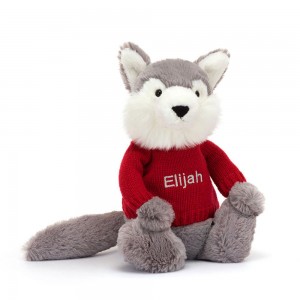 Jellycat Bashful Wolf with Personalised Jumper 31cm x 12cm x 9cm Discover Grau | Deutschland 862-XWDJTS