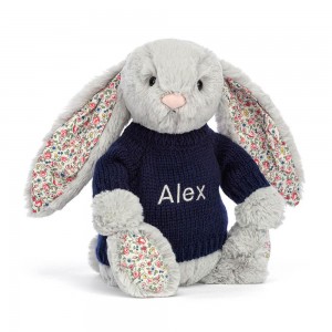 Jellycat Blossom Silver Bunny with Personalised Navy Jumper 31cm x 12cm x 9cm Discover Grau | Deutschland 785-RUQOIB