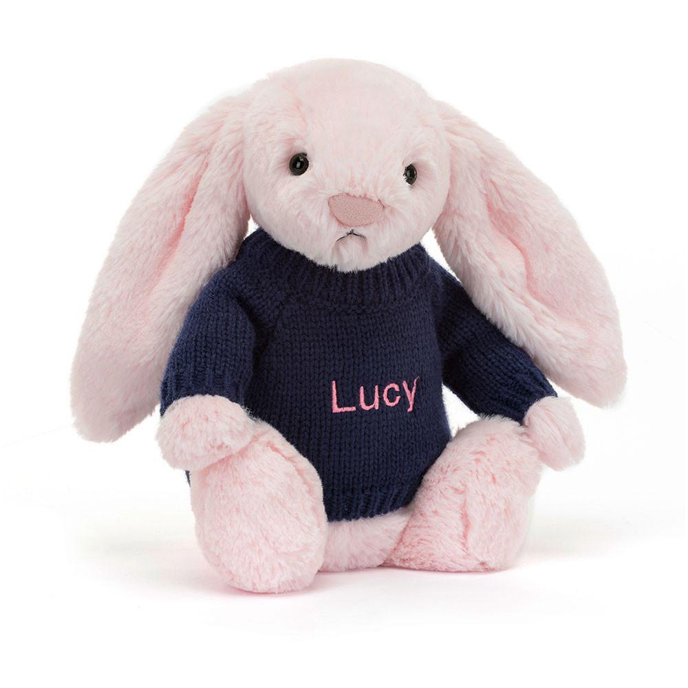 Jellycat Bashful Bunny with Personalised Navy Jumper 31cm x 12cm x 9cm Discover Rosa | Deutschland  570-IVSTXE