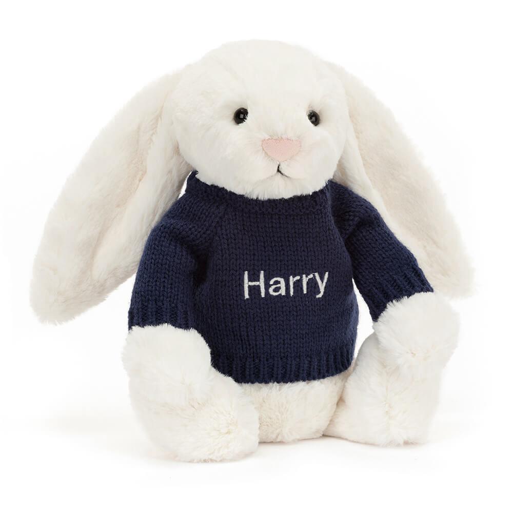 Jellycat Bashful Cream Bunny with Personalised Navy Jumper 31cm x 12cm x 9cm Discover Weiß | Deutschland  324-KUQPRL