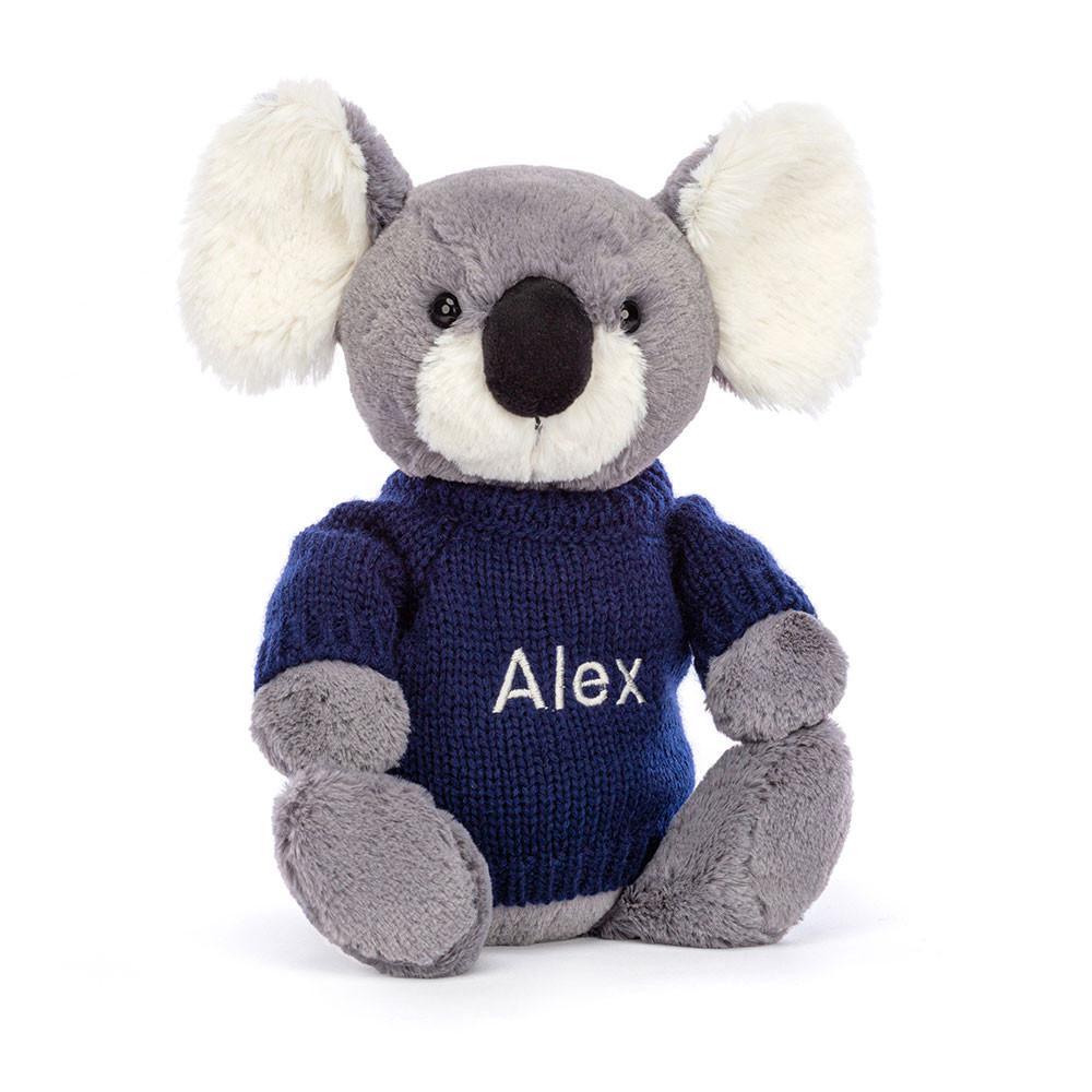 Jellycat Bashful Koala with Personalised Navy Jumper 31cm x 12cm x 9cm Discover Grau | Deutschland  506-NSVIQM