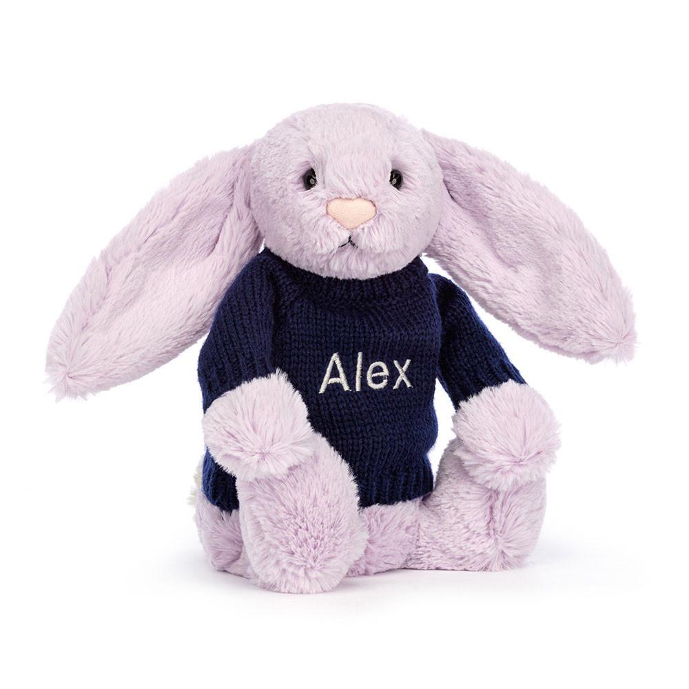 Jellycat Bashful Lilac Bunny with Personalised Navy Jumper 31cm x 12cm x 9cm Discover Lila | Deutschland  392-MDEJWY