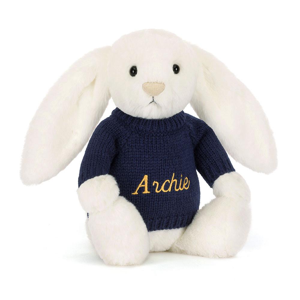 Jellycat Bashful Luxe Bunny Luna with Personalised Navy Jumper 31cm x 12cm x 9cm Discover Weiß | Deutschland  534-AQEUOI