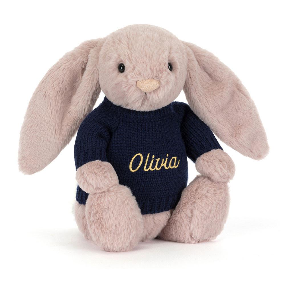 Jellycat Bashful Luxe Bunny Rosa with Personalised Navy Jumper 31cm x 12cm x 9cm Discover Rosa | Deutschland  019-DNMYQO
