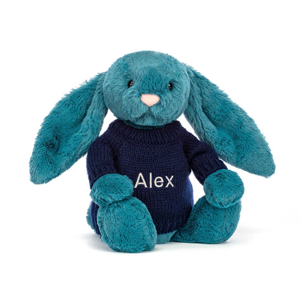 Jellycat Bashful Mineral Bunny with Personalised Navy Jumper 31cm x 12cm x 9cm Discover Blau | Deutschland  093-DHRZAW