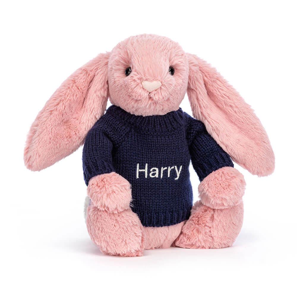 Jellycat Bashful Petal Bunny with Personalised Navy Jumper 31cm x 12cm x 9cm Discover Rosa | Deutschland  895-CTJVDF