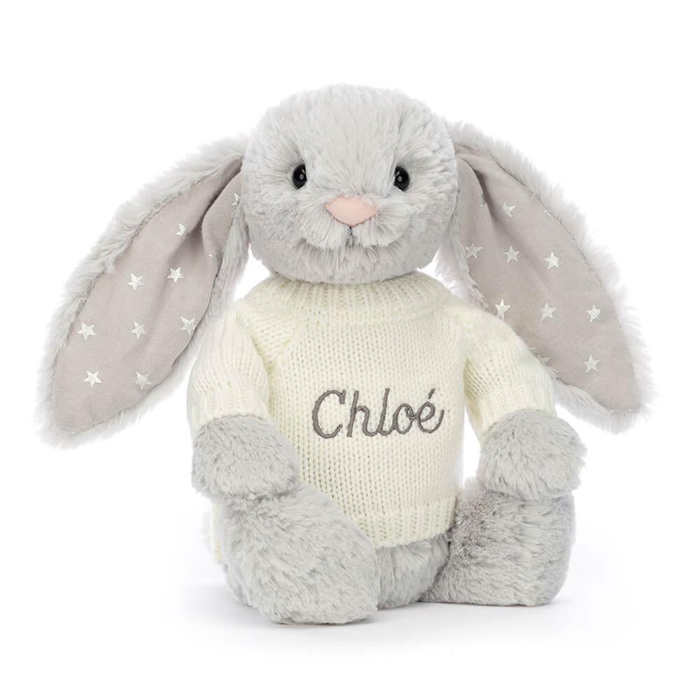 Jellycat Bashful Shimmer Bunny with Personalised Cream Jumper 31cm x 12cm x 9cm Discover Grau | Deutschland  629-OWKZYC