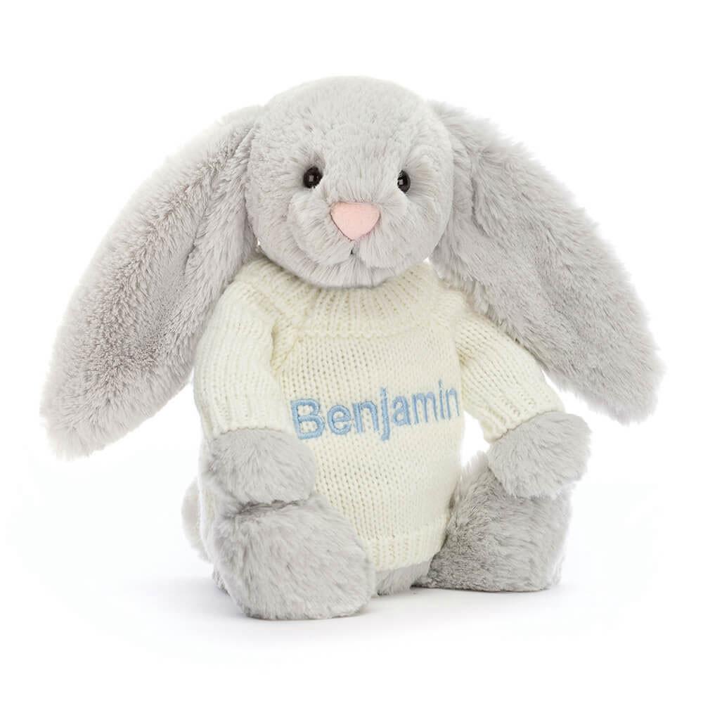 Jellycat Bashful Silver Bunny with Personalised Cream Jumper 31cm x 12cm x 9cm Baby & Books Grau | Deutschland  169-OIFTBA