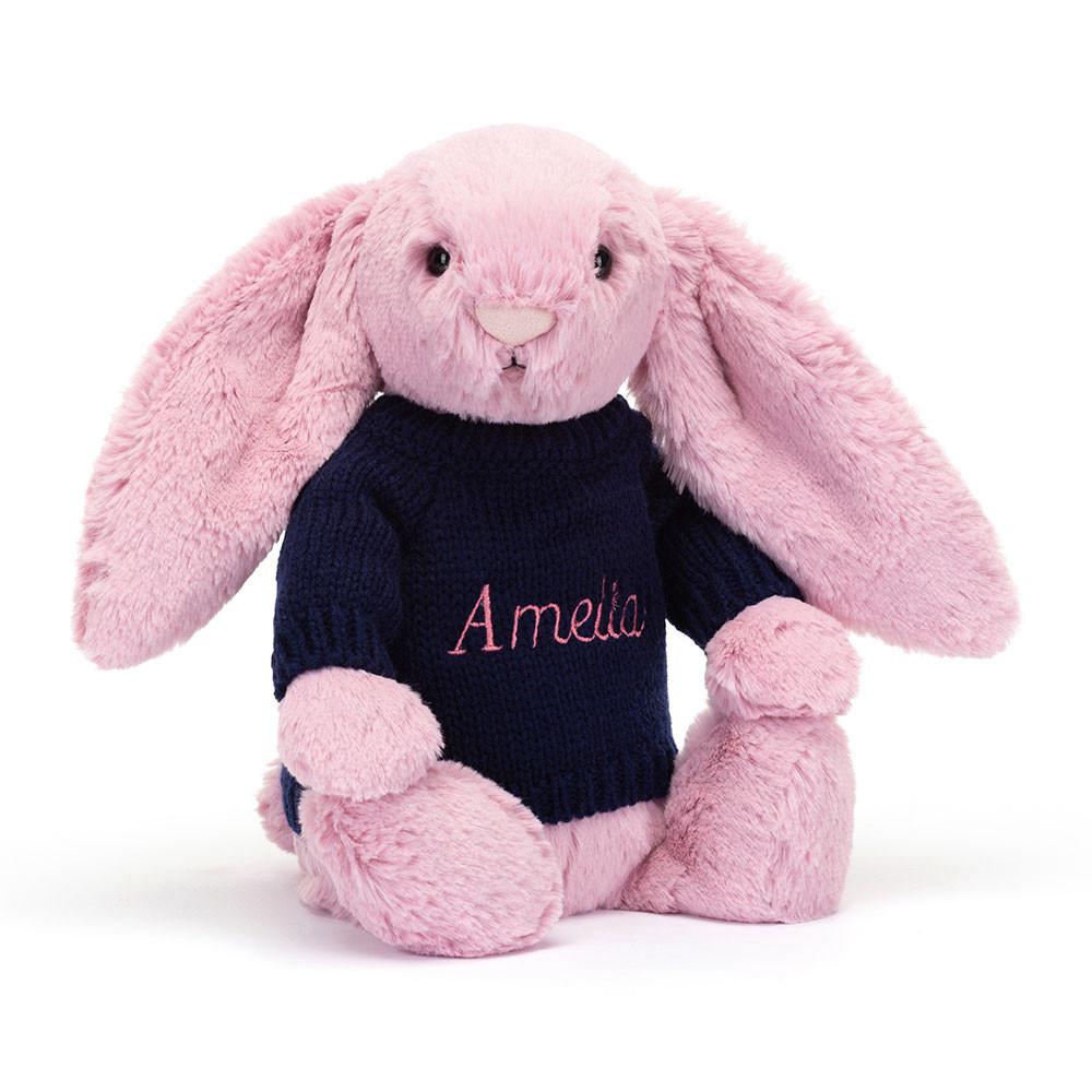 Jellycat Bashful Tulip Bunny with Personalised Navy Jumper 31cm x 12cm x 9cm Discover Rosa | Deutschland  529-YJEGUQ