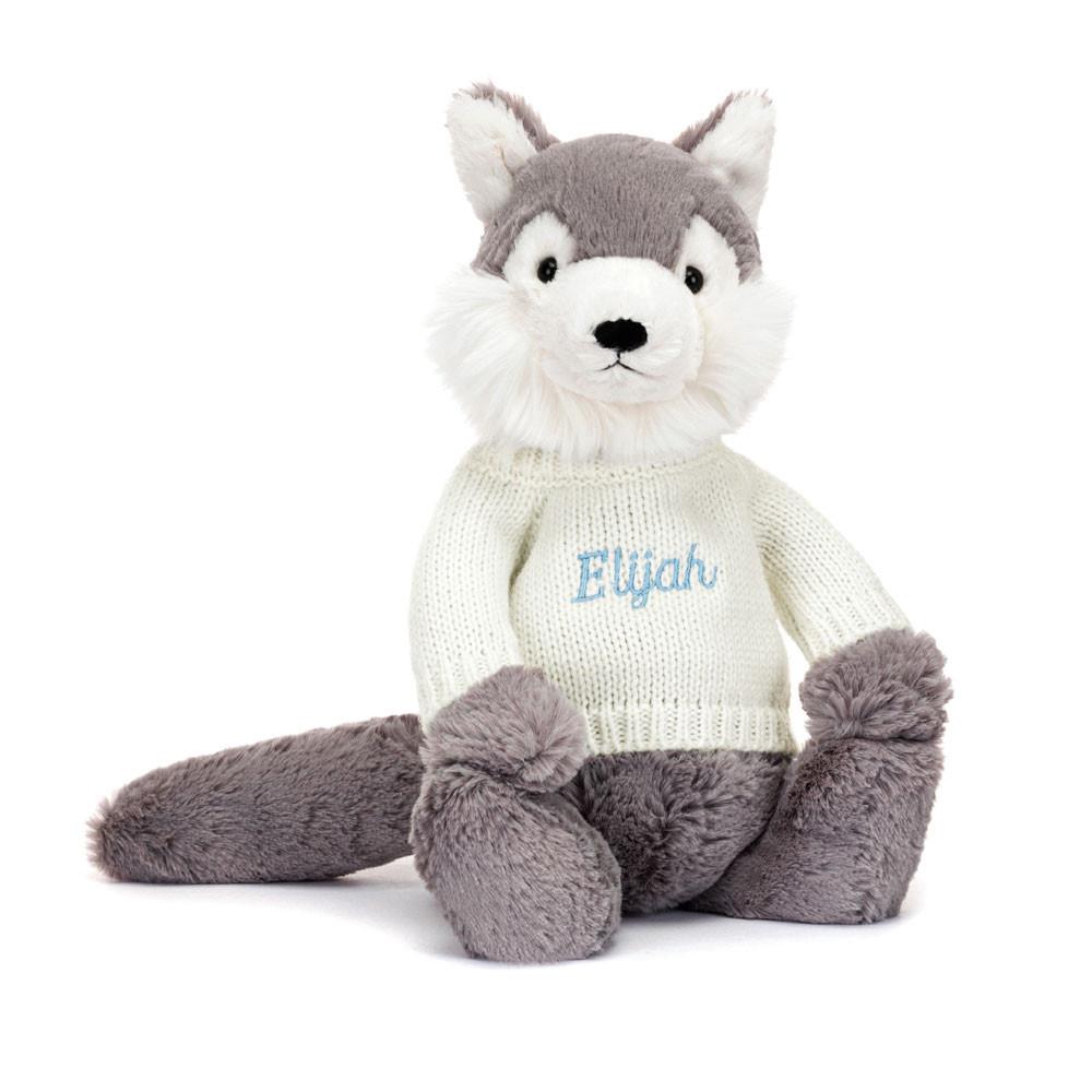 Jellycat Bashful Wolf with Personalised Cream Jumper 31cm x 12cm x 9cm Discover Grau | Deutschland  817-UCMRYI