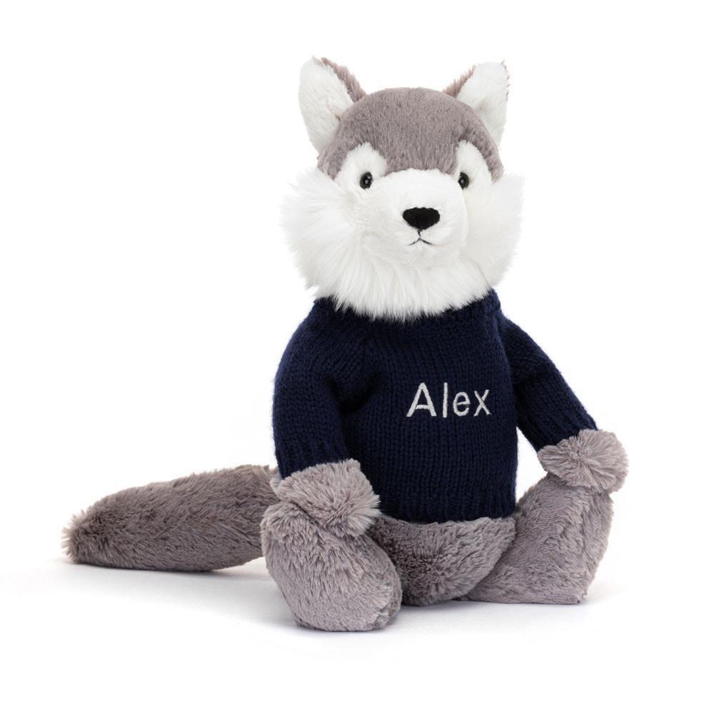 Jellycat Bashful Wolf with Personalised Navy Jumper 31cm x 12cm x 9cm Discover Grau | Deutschland  806-ERLIBS