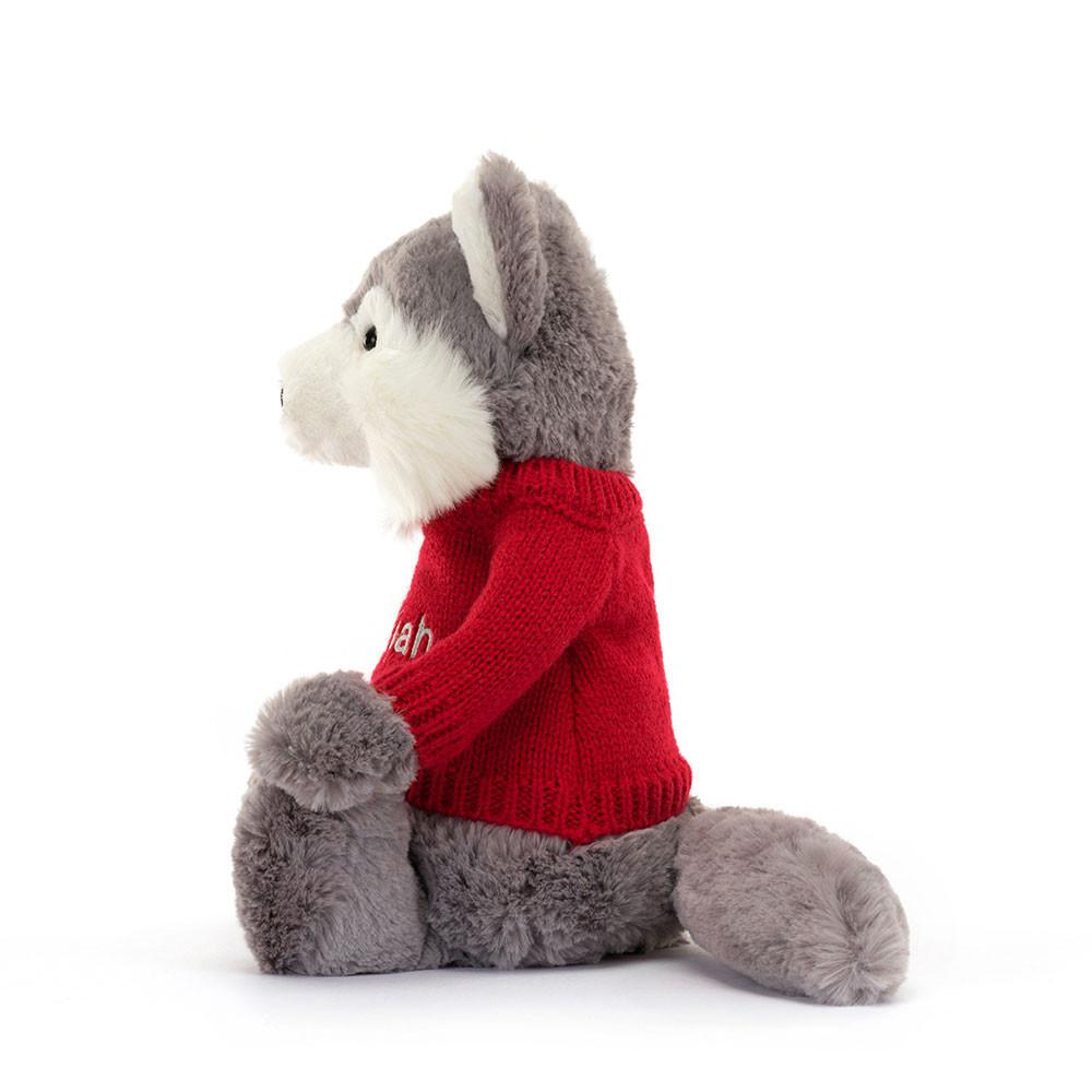 Jellycat Bashful Wolf with Personalised Jumper 31cm x 12cm x 9cm Discover Grau | Deutschland  862-XWDJTS
