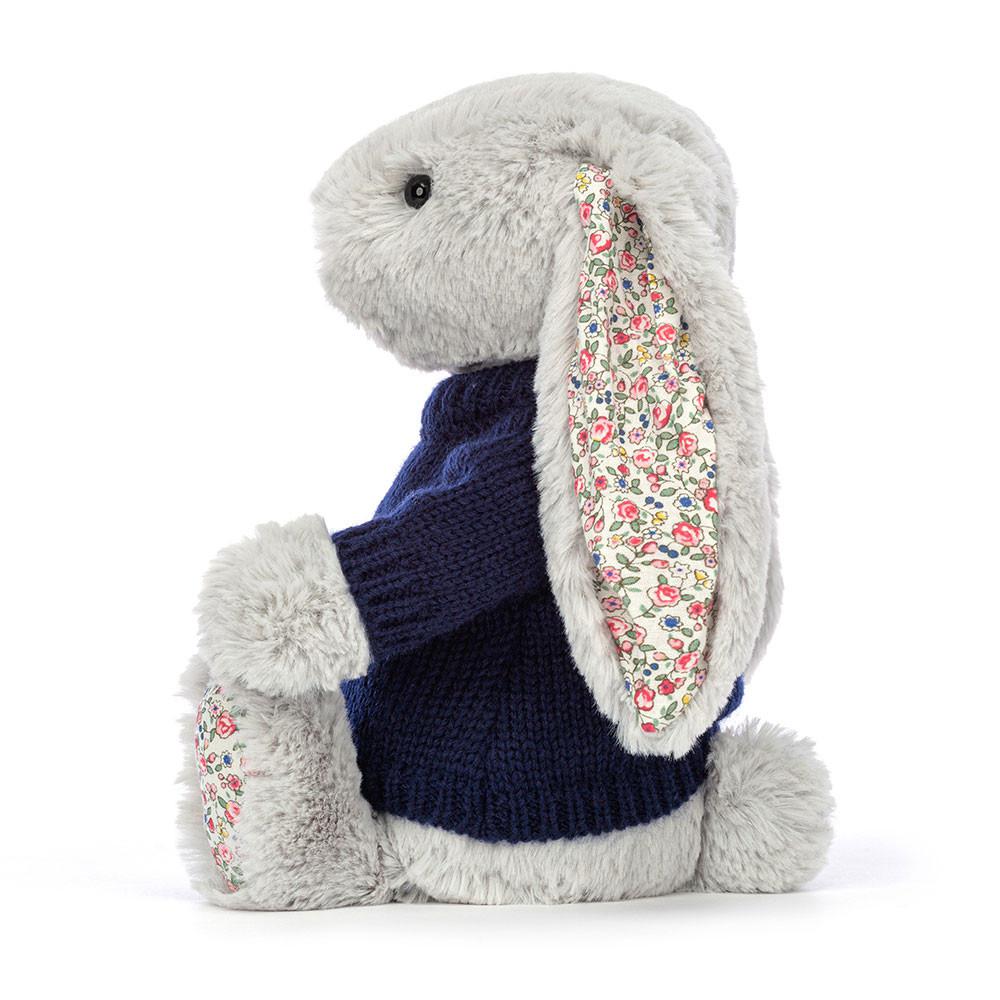 Jellycat Blossom Silver Bunny with Personalised Navy Jumper 31cm x 12cm x 9cm Discover Grau | Deutschland  785-RUQOIB